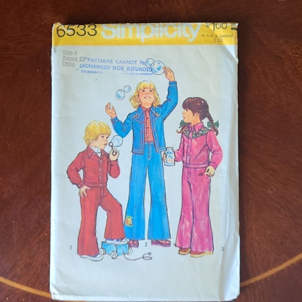 3/$15 Vintage 1974 Simplicity Jacket Bell Bottom Pants sewing pattern 6533 